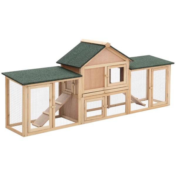 Kaninbur utomhus - Kaninhus - För 2–4 kaniner - Granträ - Asfalttak - Utdragbar spillbricka - Mått 210x45,5x84,5 cm - Grön