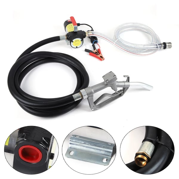 Diesel overføringspumpe - 12V 500W - 45 l/min - selvsugende - 3500 rpm - tankpistol med slange - bærbar - 25×18×11 cm - Sort