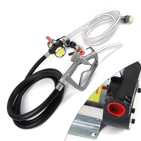 Diesel overføringspumpe - 12V 500W - 45 l/min - selvsugende - 3500 rpm - tankpistol med slange - bærbar - 25×18×11 cm - Sort