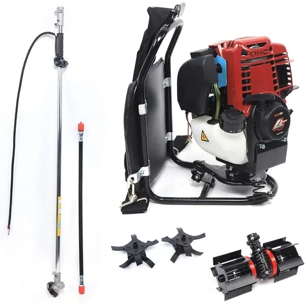 Bensindriven ogrästrimmer, 4‑takts ryggsäckmodell, 35,4 cc 1 kW 4500–8500 rpm, orange