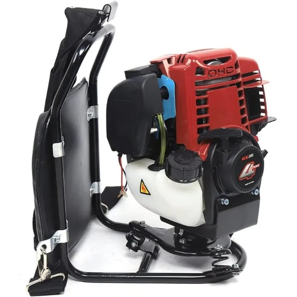 Bensindriven ogrästrimmer, 4‑takts ryggsäckmodell, 35,4 cc 1 kW 4500–8500 rpm, orange