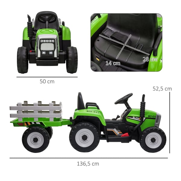 Elektrisk barntraktor med släp - Åkfordon - För 3–6 år - 136,5×50×52,5 cm - Grön