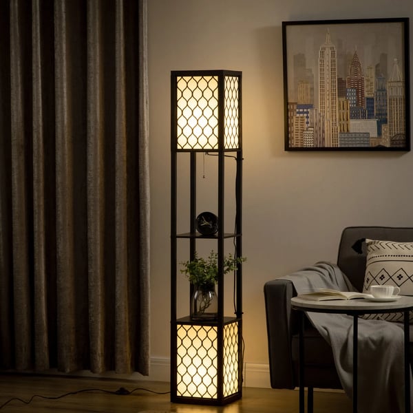 Golvlampa med hyllor i trä - Golvlampa - E27-sockel - Max 40 W - 26×26×156 cm - AC