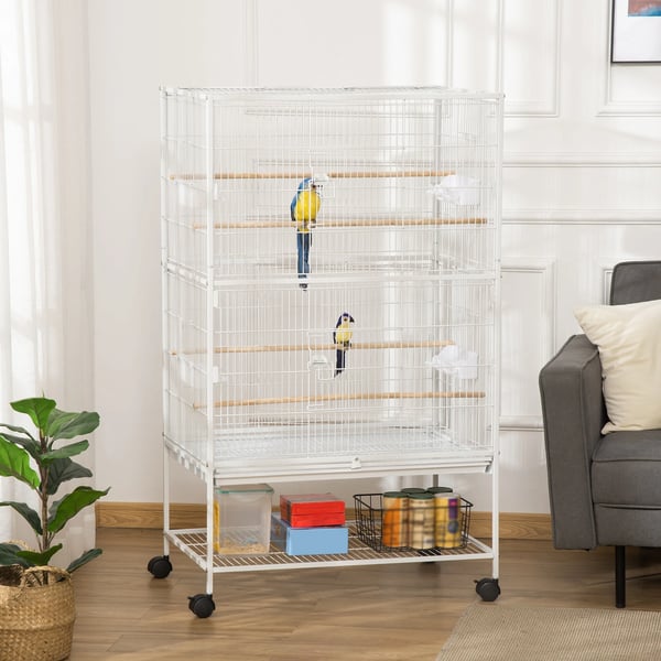 Fågelbur - Voljär med hjul - 78×52×132 cm - Utdragbar bottenbricka - Flera dörrar - Stål och trä