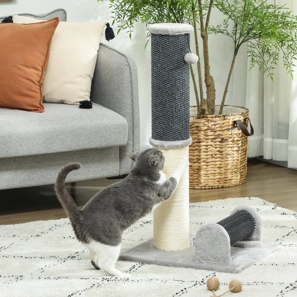 Katt klösträd - Klösstolpe - 85 cm - Dubbla nivåer - Självborste - Trä - Grå/kräm