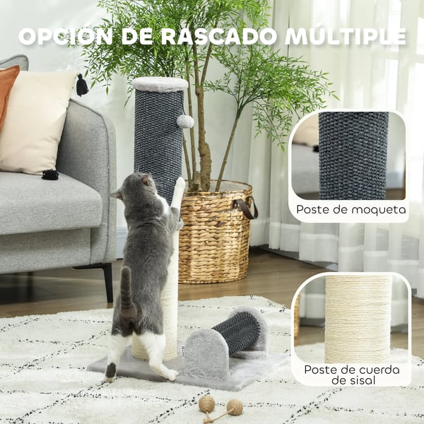 Katt klösträd - Klösstolpe - 85 cm - Dubbla nivåer - Självborste - Trä - Grå/kräm