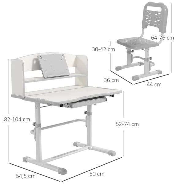Barnskrivbord och stol - Set - 80 x 54,5 x 104 cm - PP/MDF/Stål - Montering krävs - Minimalistisk design - Ljusgrå