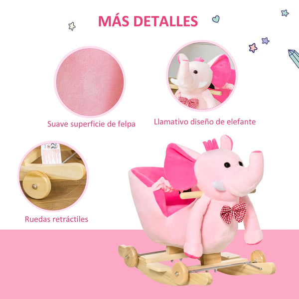 Gunghäst - Åkleksak - Elefantformade hjul - 60 x 35 x 45 cm - Rosa