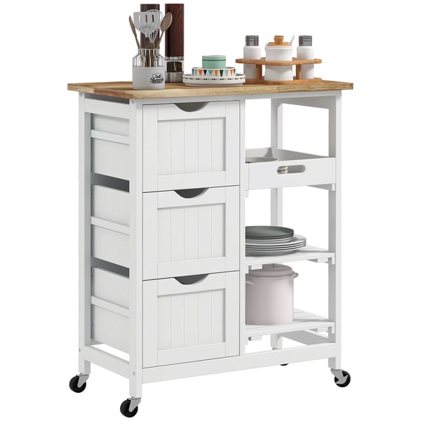 Köksvagn - Serveringsvagn - 3 Lådor - Avtagbar Bricka - 67 x 37 x 85,5 cm - Vit - Montering Krävs