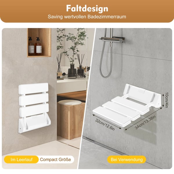 Væghængt brusestol - Foldbar badestol - Aluminiumlegering - Max 130 kg bæreevne - Foldning 90° - Uden ben - CE-certificeret