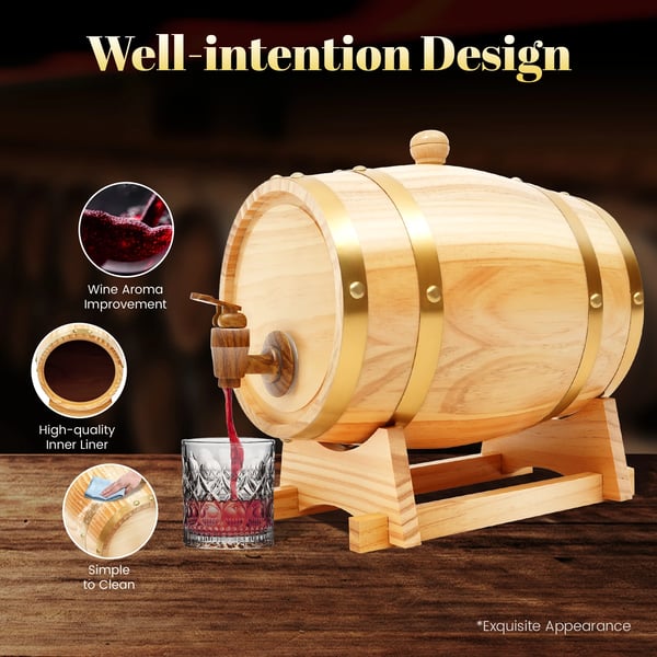 Egetræ Vinfad - Dispenser/Whiskytønde 3 l - Taphane og Stativ - Til Vin, Whisky, Bourbon, Rom - Mørk khaki
