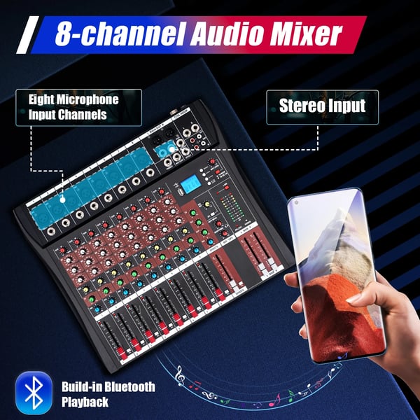 Ammattitason Äänimikseri - Mikseripöytä - 8‑kanavainen - Bluetooth - USB - PC‑tallennus - XLR‑mikrofonitulot - Musta