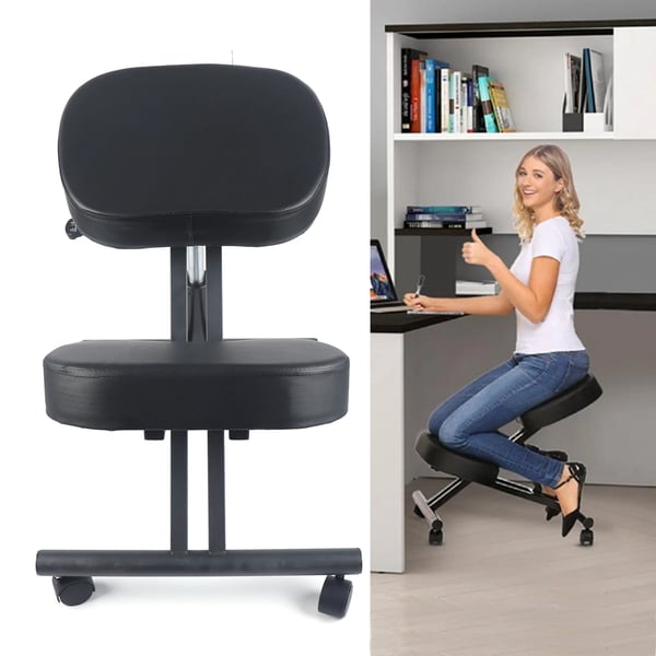 Ergonomisk knæstol - Kontorstol - Gyngende base - Tyk polstring - Stålramme - Uden hjul - Forbedrer kropsholdning - Samling kræves