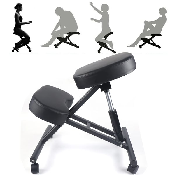 Ergonomisk knæstol - Kontorstol - Gyngende base - Tyk polstring - Stålramme - Uden hjul - Forbedrer kropsholdning - Samling kræves