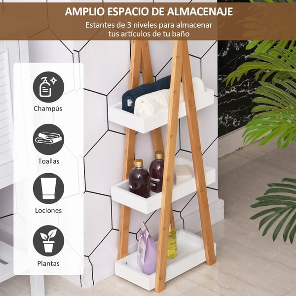 Bambu badrumshylla - Fristående hyllställ - 3 hyllplan - 30x18x81 cm - För badrum/kök/tvättstuga - Natur/Vit