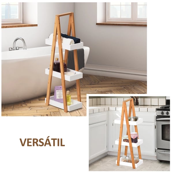 Bambu badrumshylla - Fristående hyllställ - 3 hyllplan - 30x18x81 cm - För badrum/kök/tvättstuga - Natur/Vit