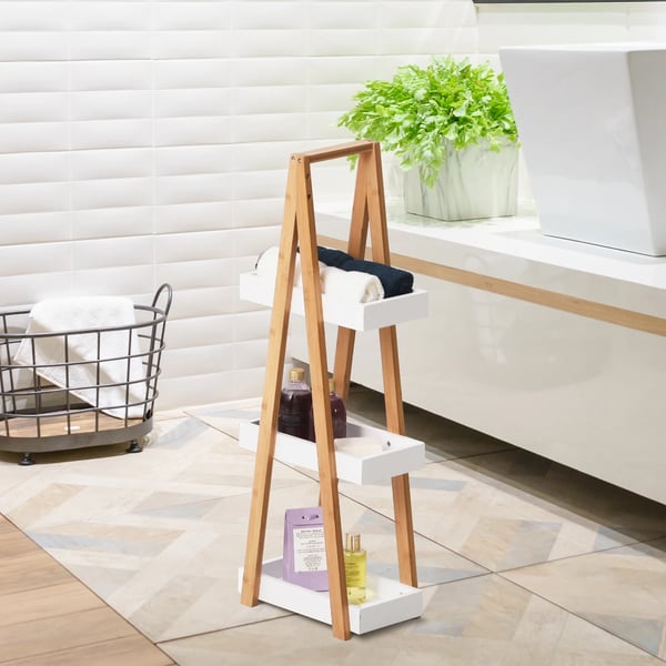 Bambu badrumshylla - Fristående hyllställ - 3 hyllplan - 30x18x81 cm - För badrum/kök/tvättstuga - Natur/Vit