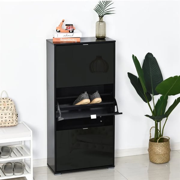 Skoskåp för hall - 6 hyllor - Lutande design - Rymmer 18 par skor - 60×26×124 cm - Svart