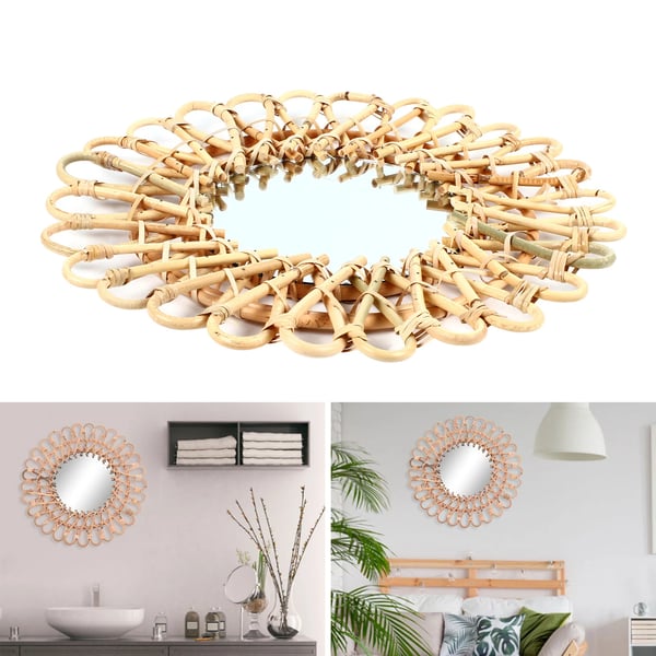 Rattan vægspejl - Rund - Forstørrende - Klassisk stil - 43 x 43 x 5 cm - Gul