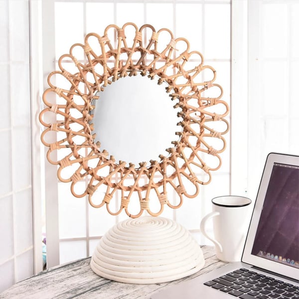 Rattan vægspejl - Rund - Forstørrende - Klassisk stil - 43 x 43 x 5 cm - Gul