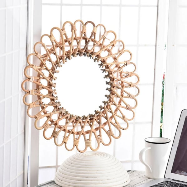 Rattan vægspejl - Rund - Forstørrende - Klassisk stil - 43 x 43 x 5 cm - Gul