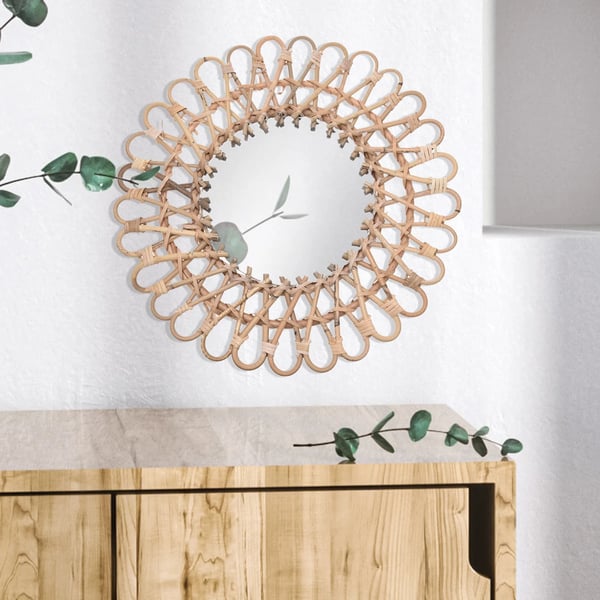 Rattan vægspejl - Rund - Forstørrende - Klassisk stil - 43 x 43 x 5 cm - Gul