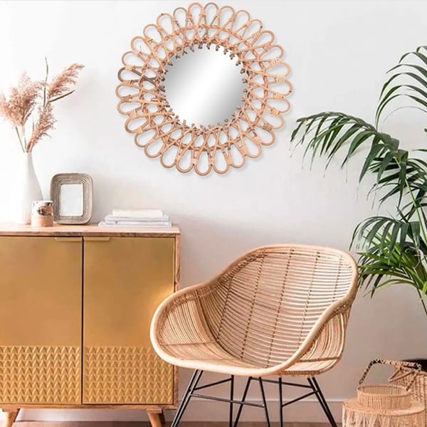 Rattan vægspejl - Rund - Forstørrende - Klassisk stil - 43 x 43 x 5 cm - Gul