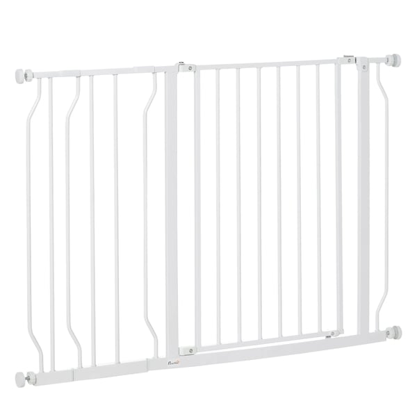 Säkerhetsgrind för hund - Trappgrind - Justerbar 75–115 cm - 2 förlängningar - Vit