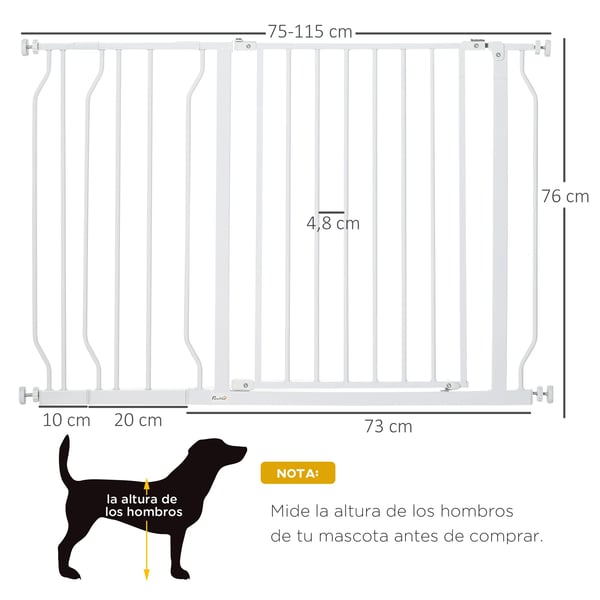 Säkerhetsgrind för hund - Trappgrind - Justerbar 75–115 cm - 2 förlängningar - Vit