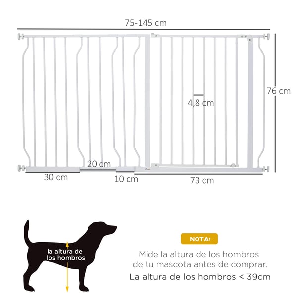 Säkerhetsgrind för hund - Trappgrind - Justerbar 75–115 cm - 2 förlängningar - Vit