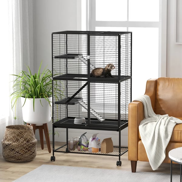 Smådjursbur - 4 Nivåer - Trä - Med Hjul - 78×45,5×136 cm - Svart