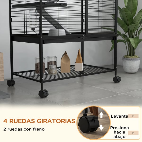 Smådjursbur - 4 Nivåer - Trä - Med Hjul - 78×45,5×136 cm - Svart