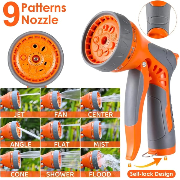 Puutarhaletkukela - Automaattinen seinäkiinnitys - 30 m letku + 2 m liitos - UV-kestävä PVC - 9-toiminen suutin - Harmaa/oranssi