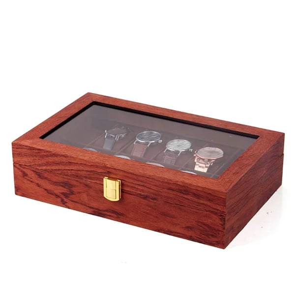 Urkasse - Opbevarings- og displayboks - 12 Rum - Træ med velourforing - Gennemsigtigt glaslåg - Vintage-look - Rosentræ-mønster
