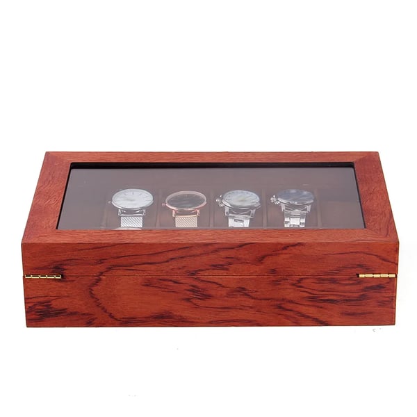 Urkasse - Opbevarings- og displayboks - 12 Rum - Træ med velourforing - Gennemsigtigt glaslåg - Vintage-look - Rosentræ-mønster