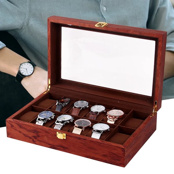 Urkasse - Opbevarings- og displayboks - 12 Rum - Træ med velourforing - Gennemsigtigt glaslåg - Vintage-look - Rosentræ-mønster