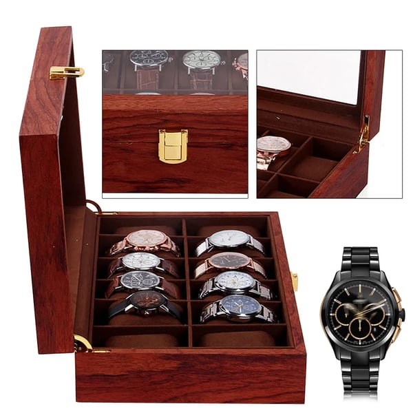 Urkasse - Opbevarings- og displayboks - 12 Rum - Træ med velourforing - Gennemsigtigt glaslåg - Vintage-look - Rosentræ-mønster