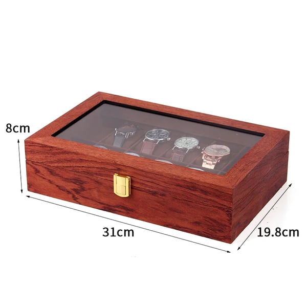 Urkasse - Opbevarings- og displayboks - 12 Rum - Træ med velourforing - Gennemsigtigt glaslåg - Vintage-look - Rosentræ-mønster