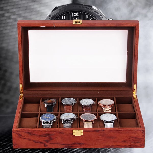 Urkasse - Opbevarings- og displayboks - 12 Rum - Træ med velourforing - Gennemsigtigt glaslåg - Vintage-look - Rosentræ-mønster