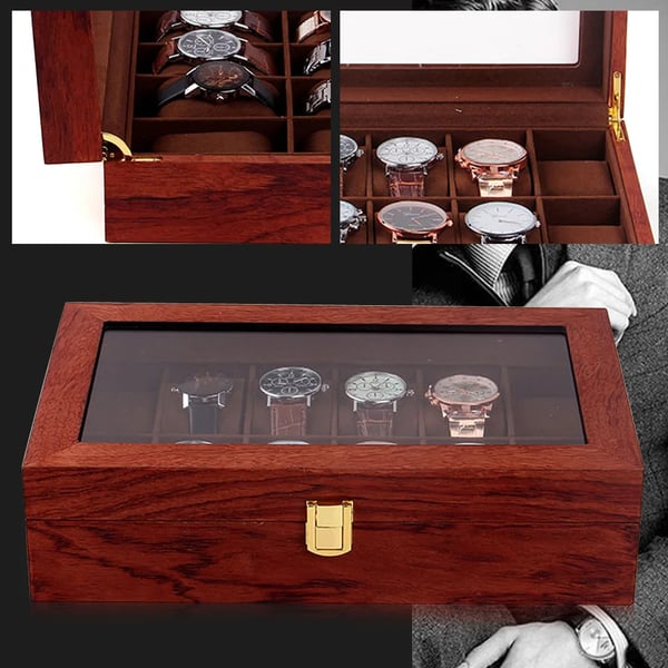 Urkasse - Opbevarings- og displayboks - 12 Rum - Træ med velourforing - Gennemsigtigt glaslåg - Vintage-look - Rosentræ-mønster