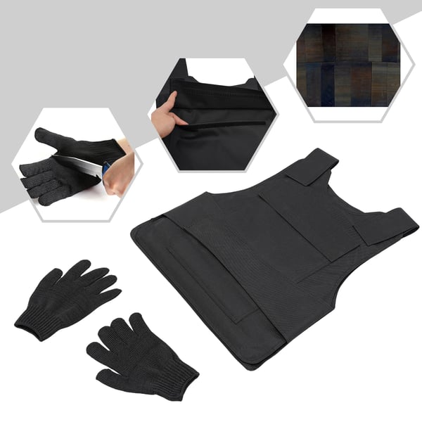 Knivsikring - Stikvest med handsker - Højmanganstålplader foran/bag - Justerbar - Beskyttelse 24 J - 50×58 cm - Sæt med taske - Sort