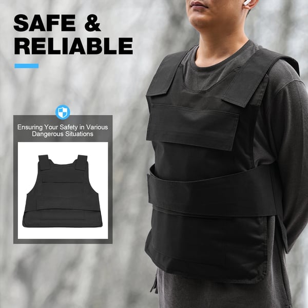 Knivsikring - Stikvest med handsker - Højmanganstålplader foran/bag - Justerbar - Beskyttelse 24 J - 50×58 cm - Sæt med taske - Sort