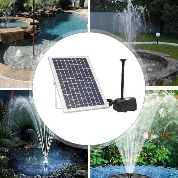 Solcelle fontænepumpe til dam/pool/akvarium - Vandpumpe Sæt - 10 W - 24 V Børsteløs - Max 1000 l/t - Dyser Medfølger - Plast - Sort
