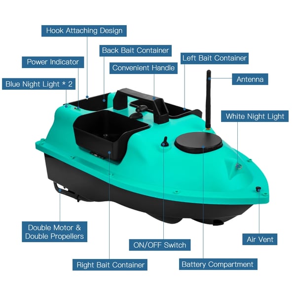 Foderbåt med GPS - RC 12000 mAh Set B - 3 foderbehållare - 16-punkts positionering - Trådlös fjärrkontroll - ABS-skrov - Guld