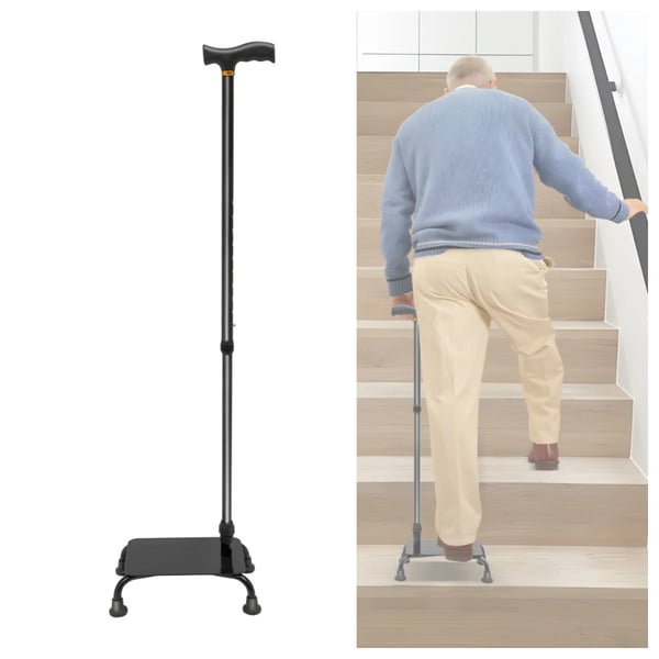 Stok med halvtrin - 2‑i‑1 trappehjælp - Justerbar højde 85–105 cm - Skridsikker pedal - Max 150 kg - Pedal 23×15×7,5 cm - Sort