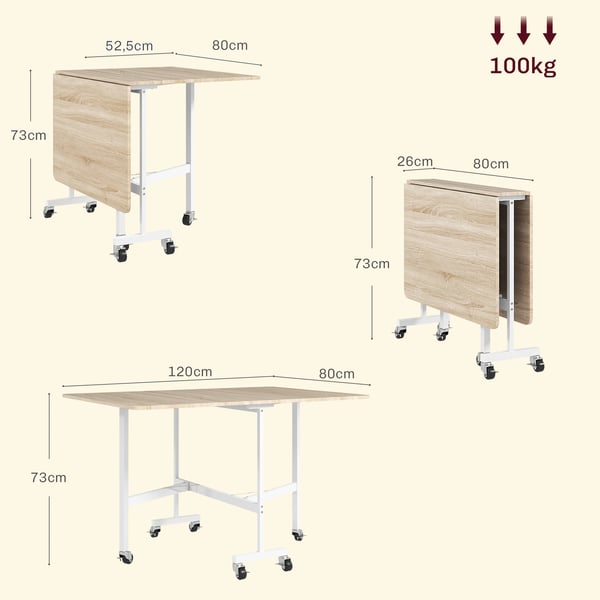 Fällbart matbord - Matsalsbord - 120×80×73 cm - För 4–6 personer - Med hjul - Modern stil - Ek/Brun