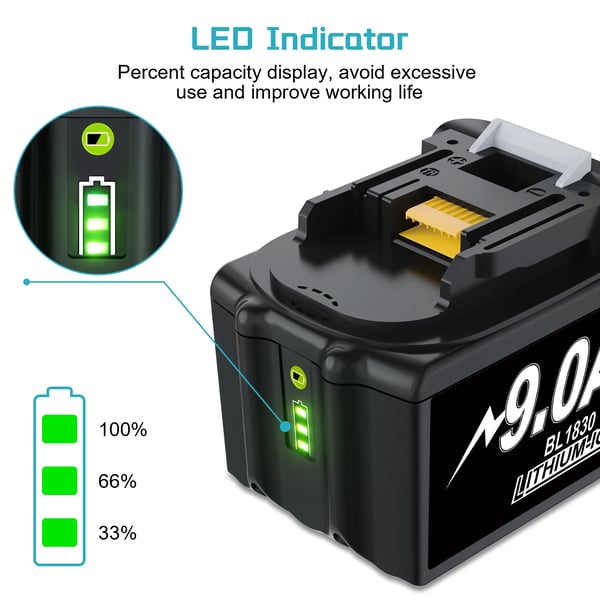 Til Makita 18V LXT, erstatningsbatteri, Li‑ion 18650, guld, erstatter BL1830/BL1860/BL1890 LXT400