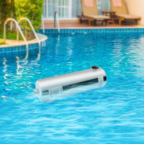 Varmeveksler til pool i rustfrit stål, 60 kW, SPA-termostatvarmer, cirkulationsopvarmning, sølv