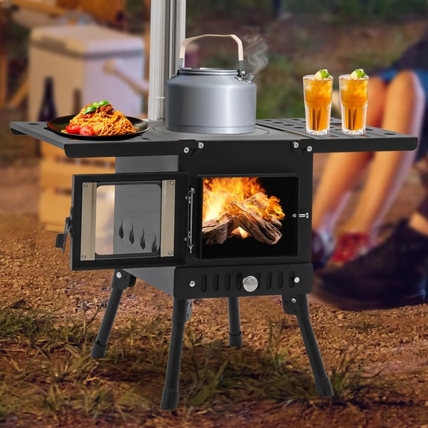 Camping brændeovn - Teltovn - Bærbar - Sammenklappelig - Brændefyret - Med skorsten - Med vindskærm - Til udendørs madlavning - Sort