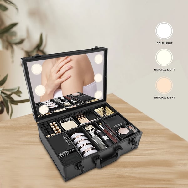 Makeupkuffert med LED-spejl - Rejse kosmetikboks - 6 LED - Touch - Trinløs lysstyrke - 9 rum - Bæreevne 7 kg - Størrelse L